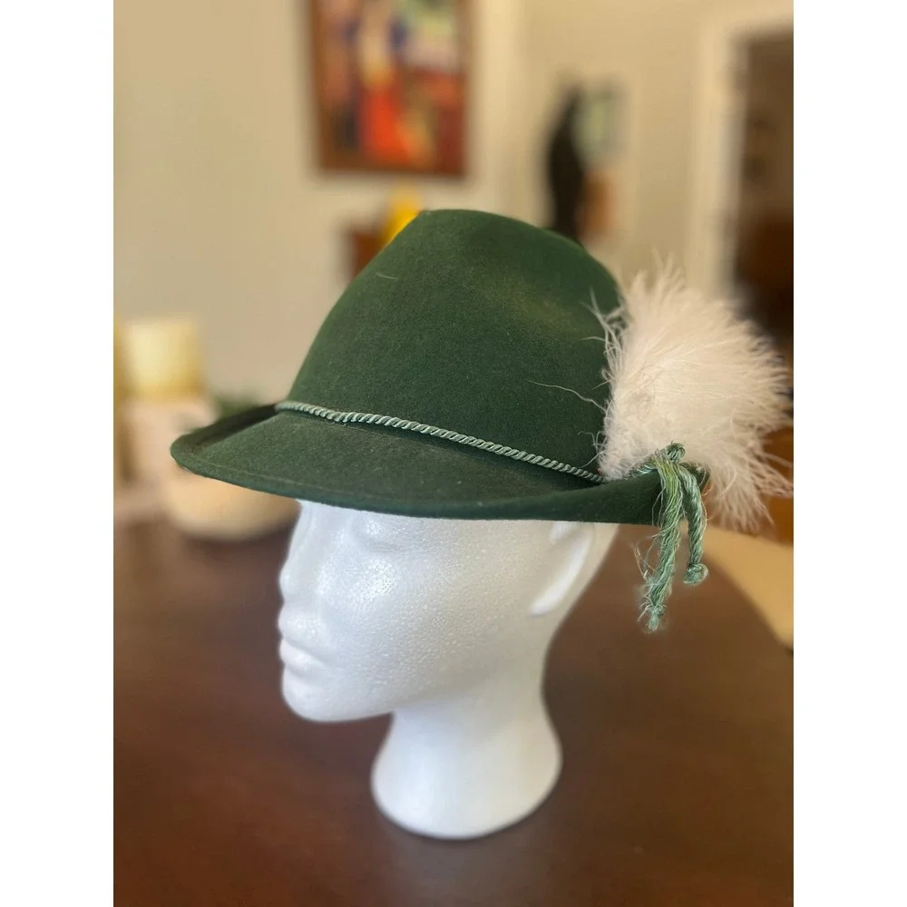 Vintage Green Wool Felt Tyrolean Alpine Hat Feather Rope Band Oktoberfest Large
